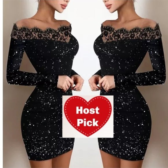 Black Off Shoulder Dress Bodycon Micro Mini Lace Dress - Picture 2 of 5